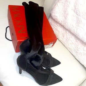 Black sandal/open toe black dress thigh boots